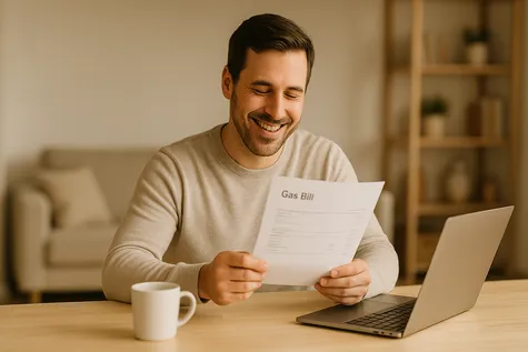 Un hombre sonriendo al revisar su factura del gas en casa después de hacer un cambio de tarifa.


