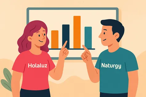 Persona de HolaLuz y Naturgy señalando gráfico de barras coloridas en una sola pantalla.