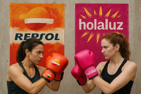 Comparativa entre Repsol y Holaluz representada con dos mujeres enfrentadas con guantes de boxeo de cada marca.