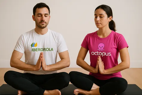 omparativa entre Iberdrola y Octopus representada con una pareja meditando en armonía con camisetas de las marcas.