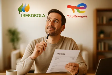 Personas comparando Iberdrola y TotalEnergies con logos y gráfico sobre la mesa, en estilo flat design cálido.