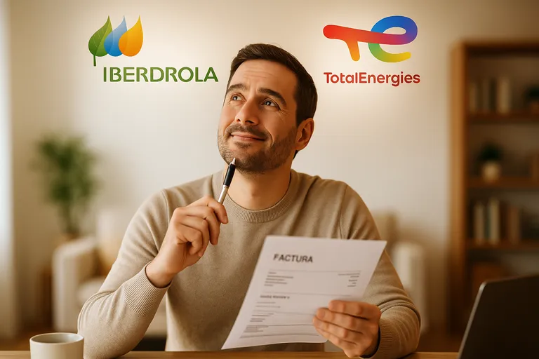 Personas comparando Iberdrola y TotalEnergies con logos y gráfico sobre la mesa, en estilo flat design cálido.