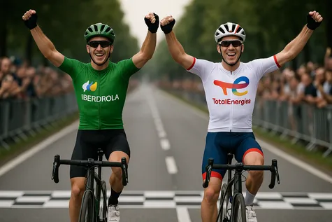 Comparativa entre Iberdrola y TotalEnergies con ciclistas celebrando en la línea de meta.