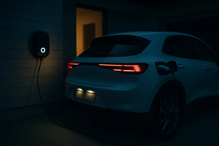 Coche eléctrico cargando por la noche en un garaje, aprovechando la tarifa de luz más barata.