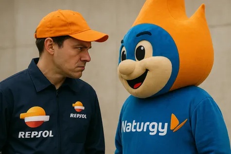 Empleado de Repsol con gesto serio frente a la mascota sonriente de Naturgy, simbolizando rivalidad entre compañías de gas y electricidad.