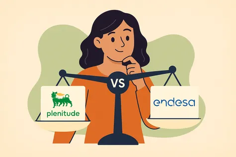 Mujer frente a una balanza compara entre Plenitude y Endesa porque duda cuál es mejor para ella.