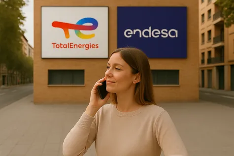 Dos personas comparan en un ordenador las tarifas de TotalEnergies y Endesa, viendo sus logotipos en la pantalla.
