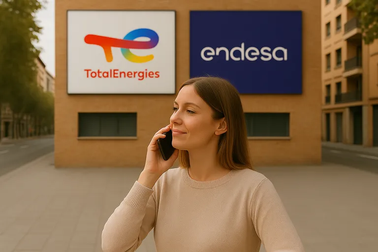 Dos personas comparan en un ordenador las tarifas de TotalEnergies y Endesa, viendo sus logotipos en la pantalla.