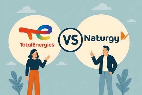  Comparativa TotalEnergies vs Naturgy con personajes señalando sus logos y fondo azul con nubes.