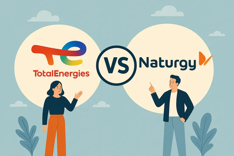  Comparativa TotalEnergies vs Naturgy con personajes señalando sus logos y fondo azul con nubes.