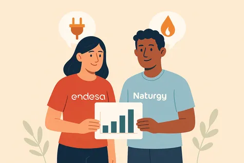 Endesa vs Naturgy con iconos de bombilla y hoja.