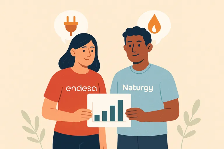 Endesa vs Naturgy con iconos de bombilla y hoja.