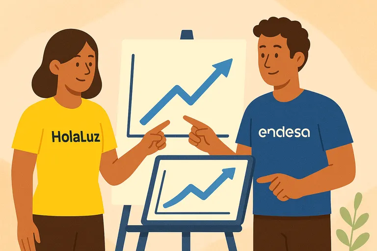Personas de HolaLuz y Endesa señalando gráfico de línea ascendente en caballete y portátil.