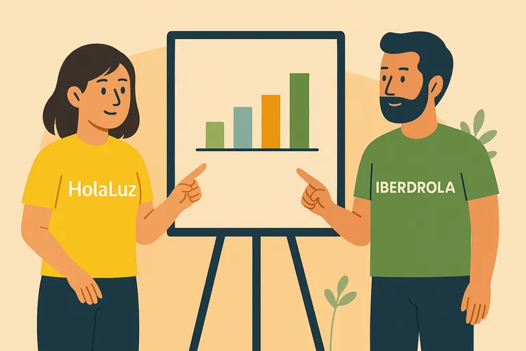 Dos personas de Holaluz e Iberdrola analizan un gráfico de barras.