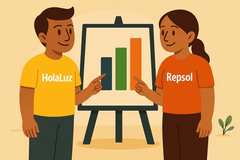 Personas de HolaLuz y Repsol señalando gráfico de barras de colores en un caballete.