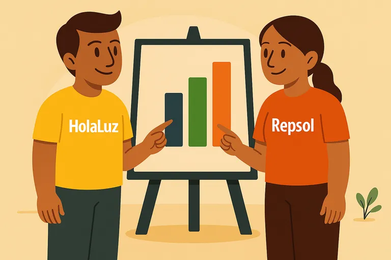 Personas de HolaLuz y Repsol señalando gráfico de barras de colores en un caballete.