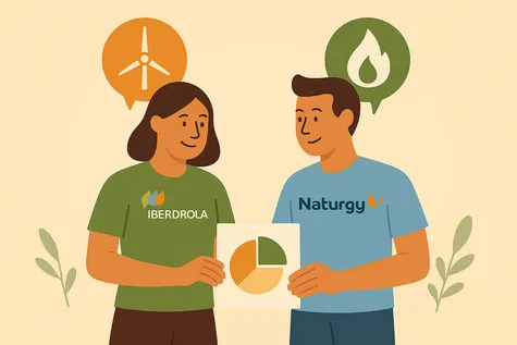 Iberdrola vs Naturgy con gráfico de pastel.