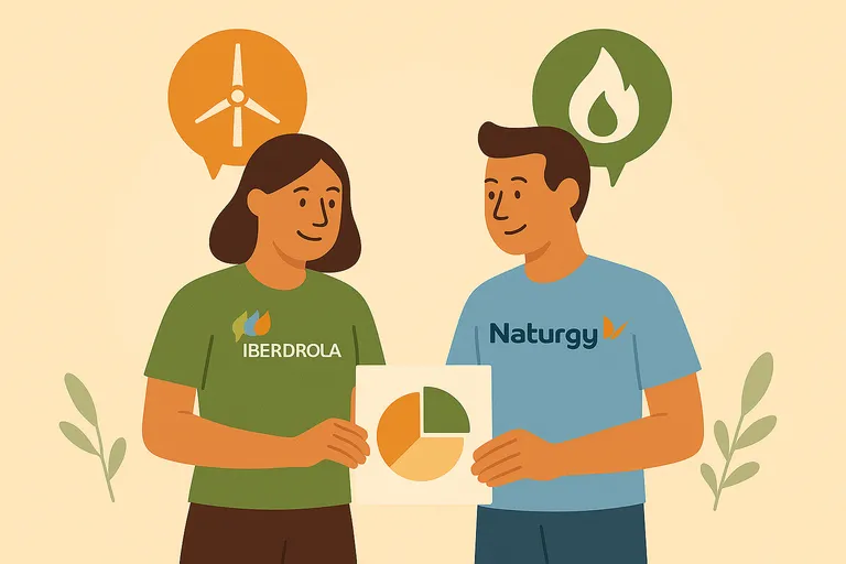 Iberdrola vs Naturgy con gráfico de pastel.