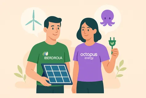 Iberdrola vs Octopus Energy con enchufe y pulpo.