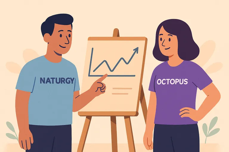 Personajes señalan gráfico de línea con camisetas de Naturgy y Octopus.