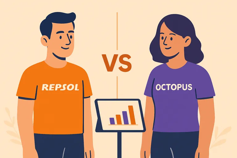 Personas con camisetas de Repsol y Octopus frente a un gráfico y VS central.