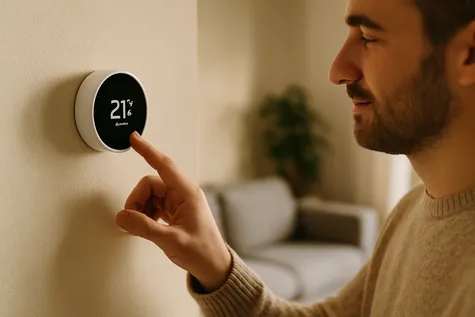 Mujer comprobando llave de gas con icono de llama