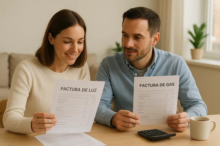 Pareja revisando factura conjunta de luz y gas