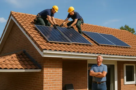 Técnicos instalando paneles solares en el tejado de una casa mientras el propietario observa con satisfacción desde abajo.