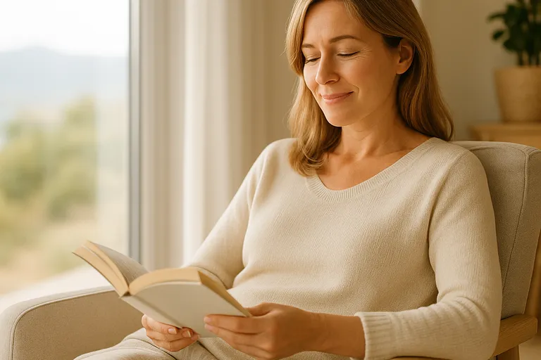 Mujer leyendo un libro en una segunda residencia con la tranquilidad de haber elegido la tarifa de luz óptima para su hogar.