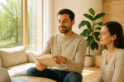 Una pareja relajada en el salón de su casa pasiva porque han contratado la tarifa perfecta para su vivienda.
