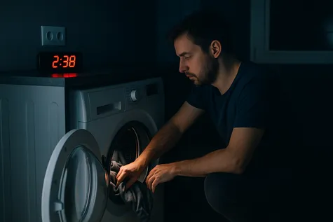 Hombre usando la lavadora a las 2:38 de la madrugada para aprovechar discriminación horaria de tarifa eléctrica.