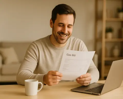 Un hombre sonriendo al revisar su factura del gas en casa después de hacer un cambio de tarifa.
