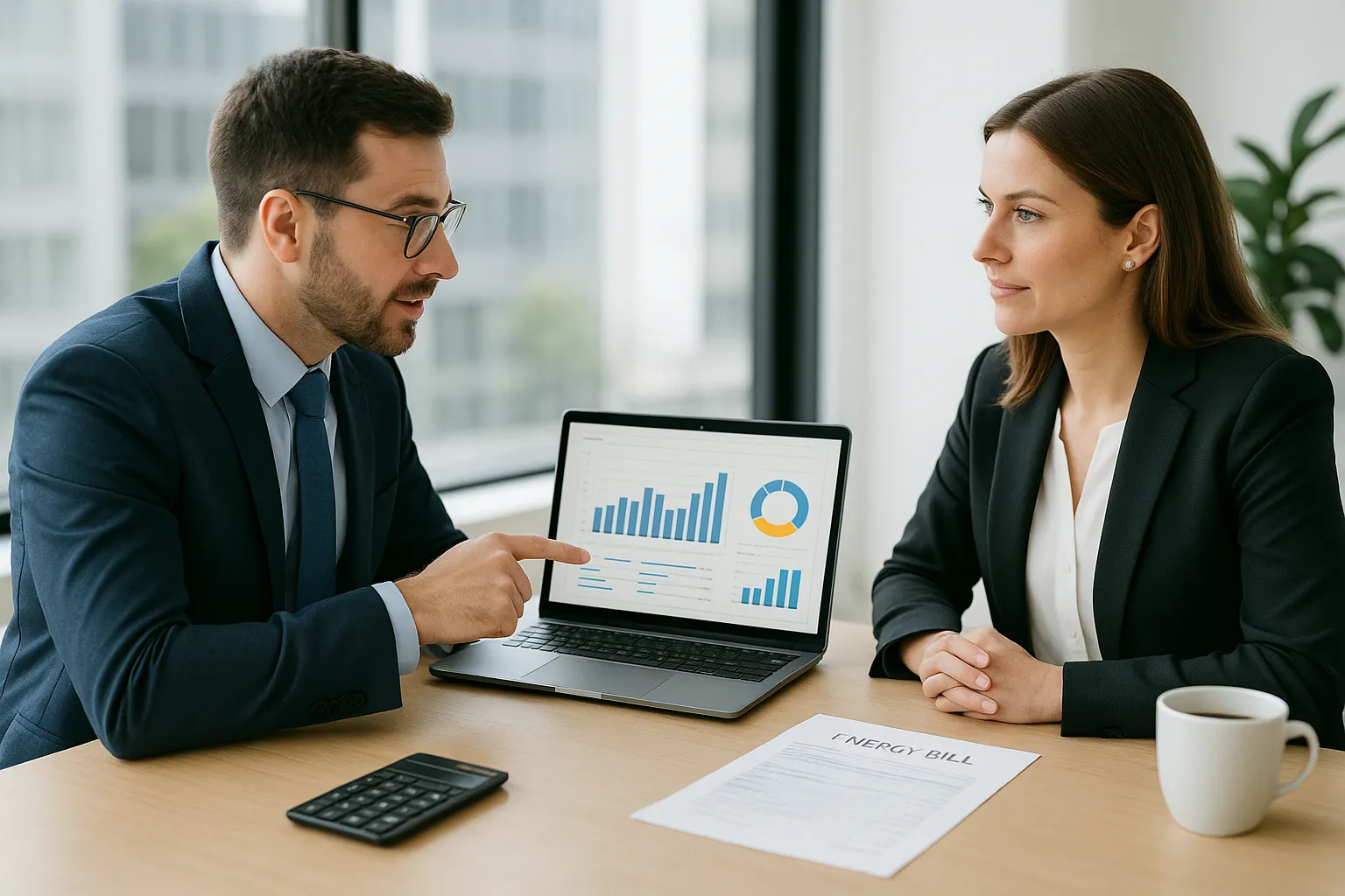 Empresarios usando comparador de tarifas de luz