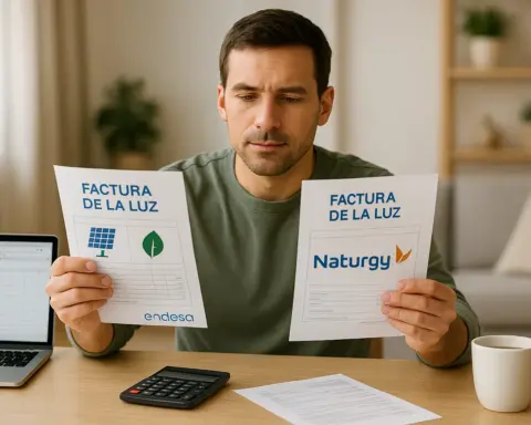 Endesa vs Naturgy con iconos de bombilla y hoja.