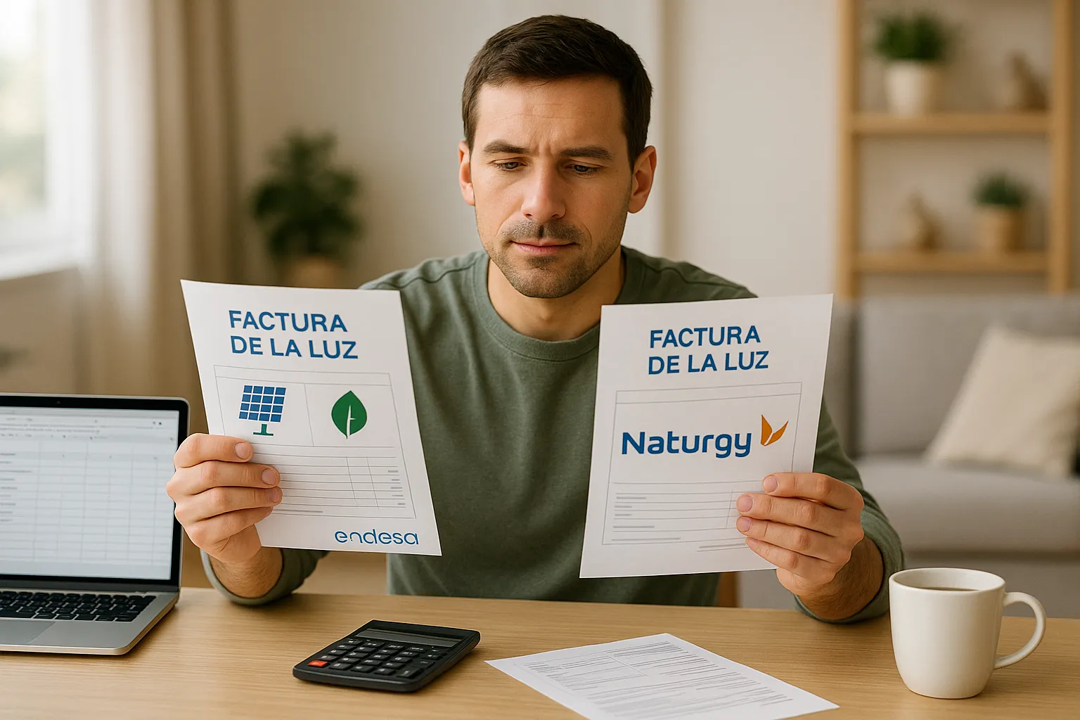 Endesa vs Naturgy con iconos de bombilla y hoja.