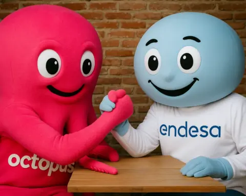 Mascotas gigantes de Endesa y Octopus Energy enfrentadas amistosamente en una competencia de fuerza de brazos, representando la rivalidad entre ambas marcas.