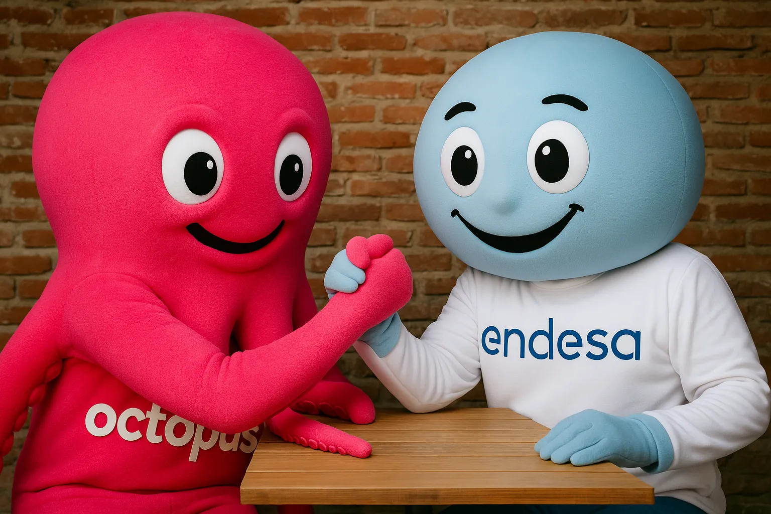 Mascotas gigantes de Endesa y Octopus Energy enfrentadas amistosamente en una competencia de fuerza de brazos, representando la rivalidad entre ambas marcas.