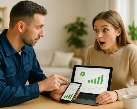 Asesor energético profesional señalando un gráfico de consumo en la pantalla de una tablet a una clienta con expresión de sorpresa .