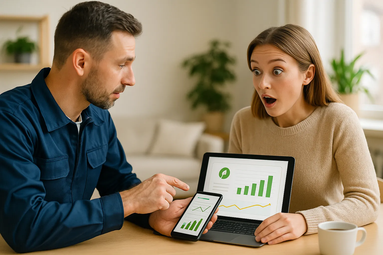 Asesor energético profesional señalando un gráfico de consumo en la pantalla de una tablet a una clienta con expresión de sorpresa .
