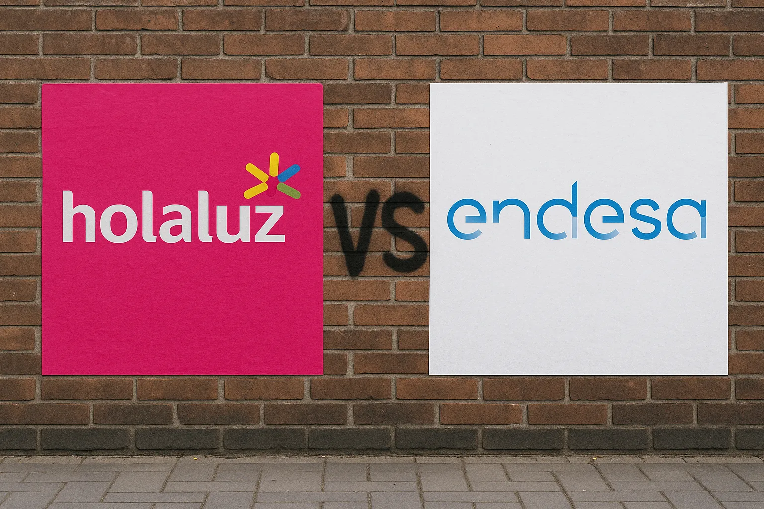 Comparativa visual de Holaluz y Endesa con carteles grandes enfrentados sobre una pared de ladrillo y el texto “vs” en el centro.