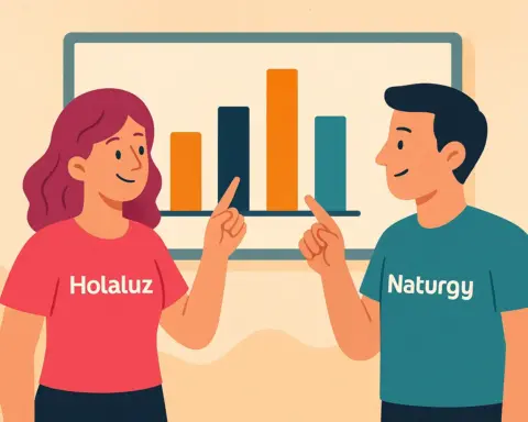 Persona de HolaLuz y Naturgy señalando gráfico de barras coloridas en una sola pantalla.