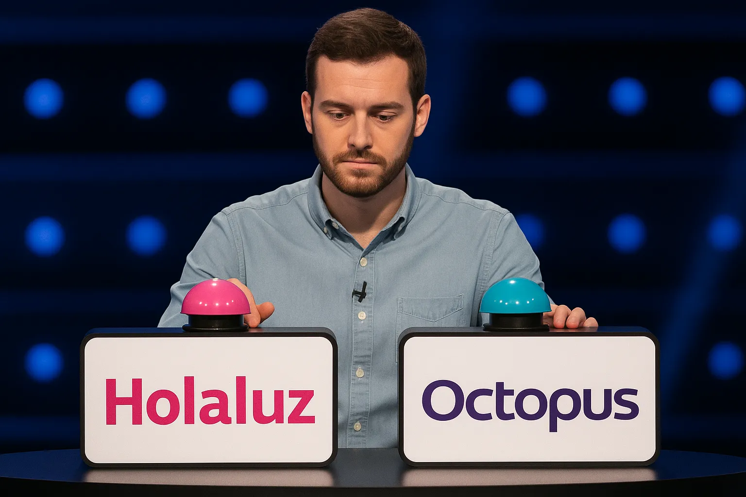 Hombre en un plató de televisión con botones de elección frente a Holaluz y Octopus, dudando entre ambas compañías.
