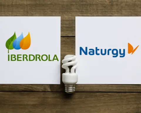 Logotipos de Iberdrola y Naturgy separados por una bombilla, representando la decisión entre dos compañías eléctricas.
