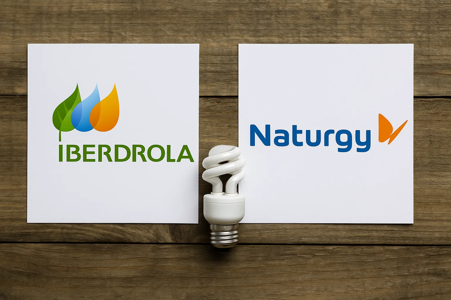 Logotipos de Iberdrola y Naturgy separados por una bombilla, representando la decisión entre dos compañías eléctricas.
