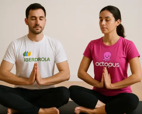 omparativa entre Iberdrola y Octopus representada con una pareja meditando en armonía con camisetas de las marcas.