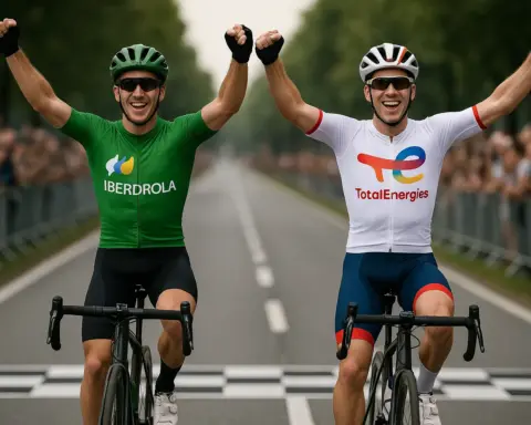 Comparativa entre Iberdrola y TotalEnergies con ciclistas celebrando en la línea de meta.