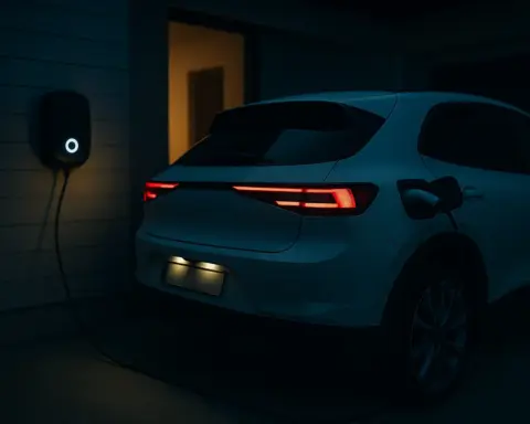 Coche eléctrico cargando por la noche en un garaje, aprovechando la tarifa de luz más barata.