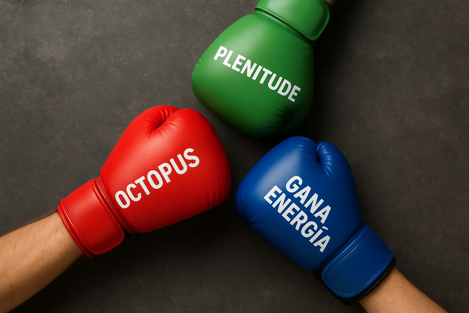 Comparativa energética entre Octopus, Plenitude y Gana Energía representada con guantes de boxeo
