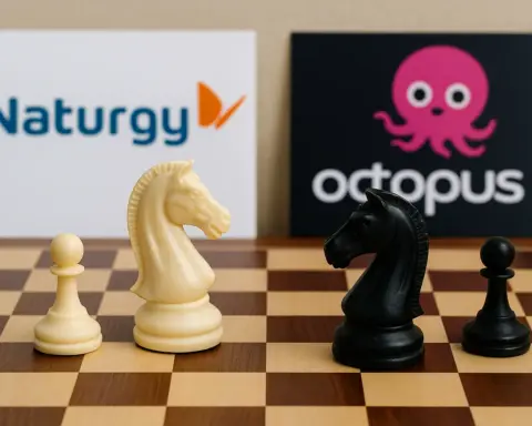 Tablero de ajedrez con piezas enfrentadas y logotipos de Naturgy y Octopus Energy de fondo, simbolizando la competencia entre ambas compañías eléctricas.