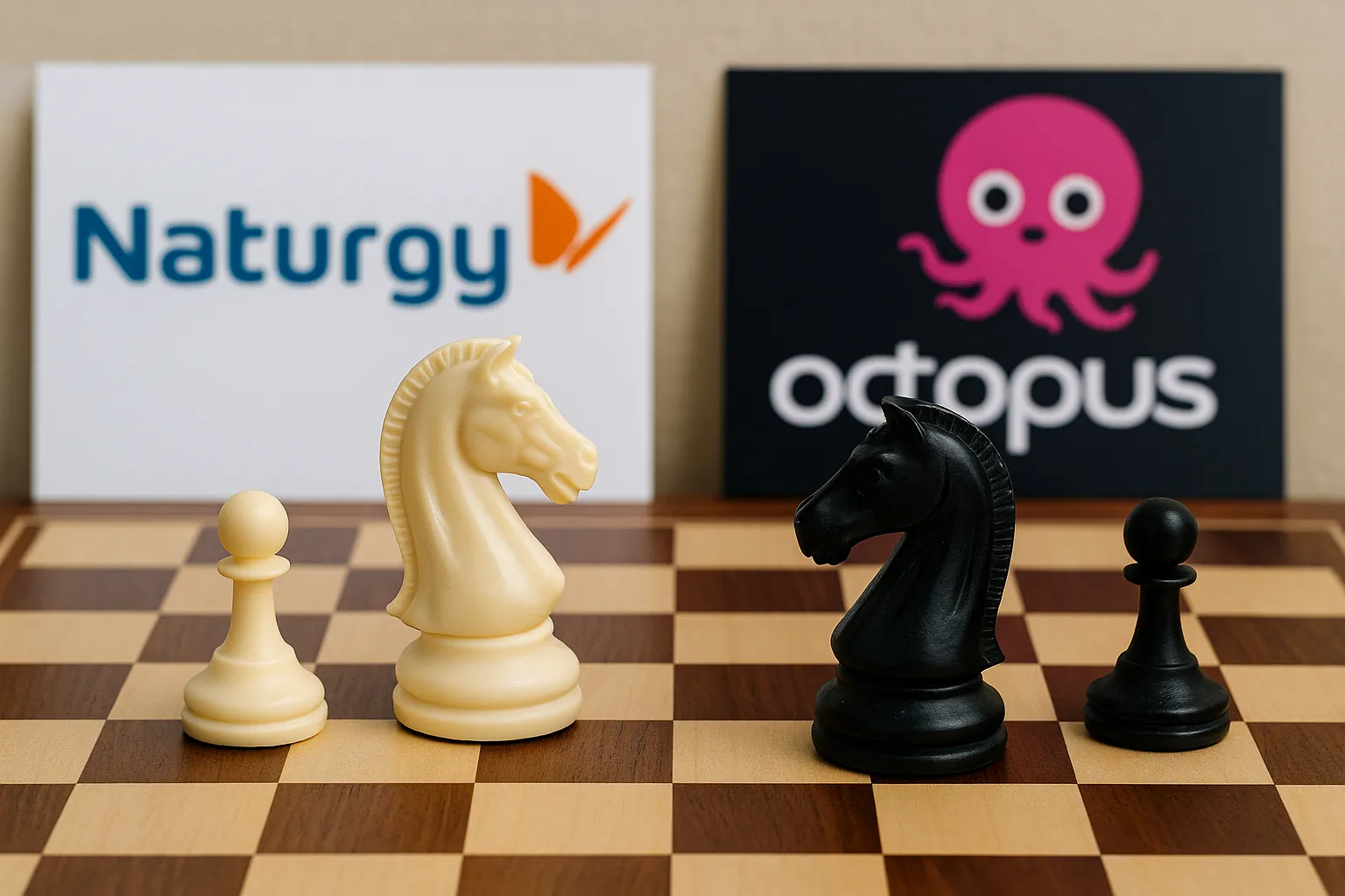 Tablero de ajedrez con piezas enfrentadas y logotipos de Naturgy y Octopus Energy de fondo, simbolizando la competencia entre ambas compañías eléctricas.